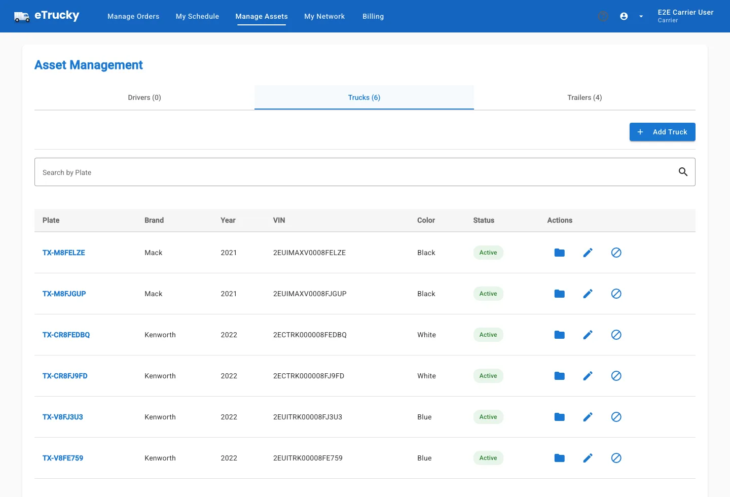 The real eTrucky Asset Management screen, showing the Drivers, Trucks, and Trailers tabs with the Trucks table (name, plate, brand, year, VIN, color, status) and the Add Truck button.